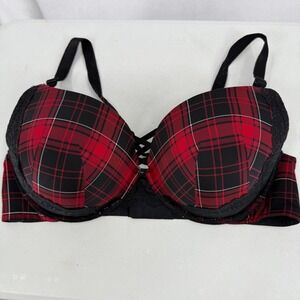 Torrid Curve Plaid Bra‎ Lace Straps Corset Back Black Red 42DD Underwire